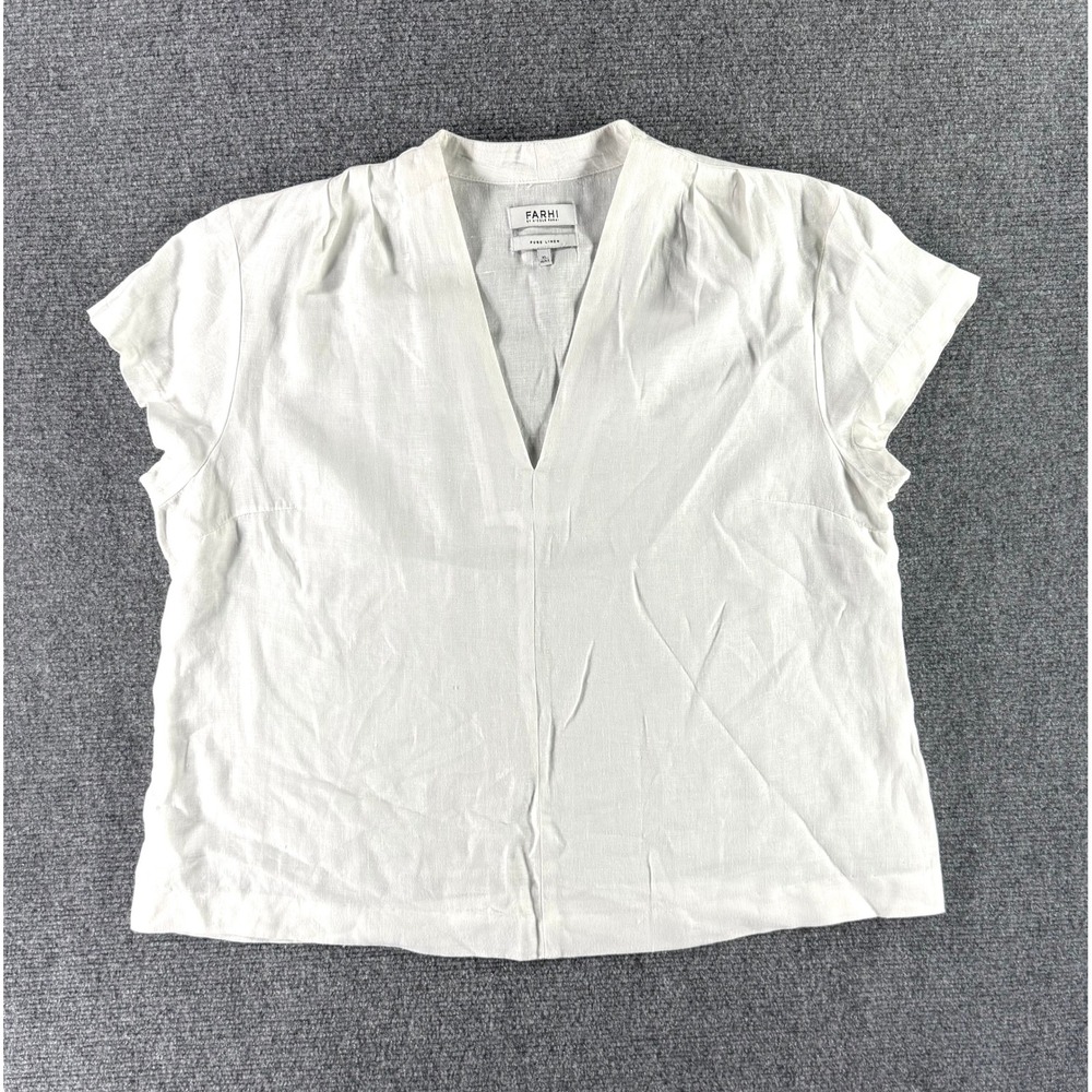 Farhi by Nicole Farhi White Pure Linen V-Neck Short Sleeve Blouse XL 16/42